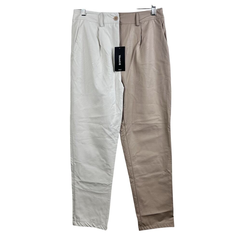 NWT High Waisted Color Block Faux Leather Vinti6 Ankle Pants Large Neutral